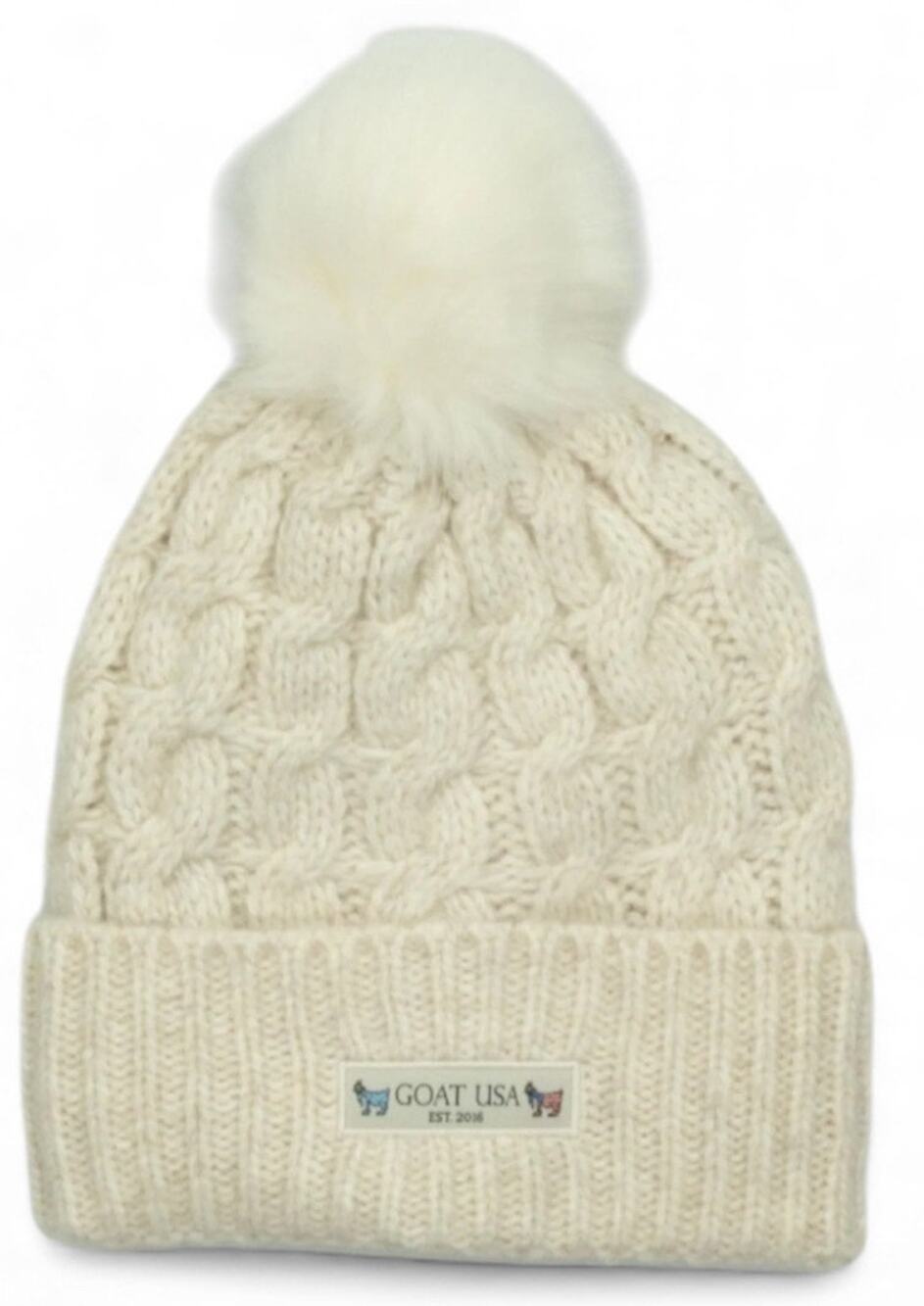 Goat USA Women's Sherpa Lined Pom Pom Winter Hat, Ivory, NWOT